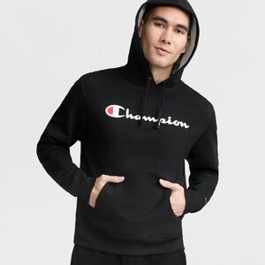 Men's Classic Champion Powerblend Hoodie - Full Script Logo Pullover | Black, XS